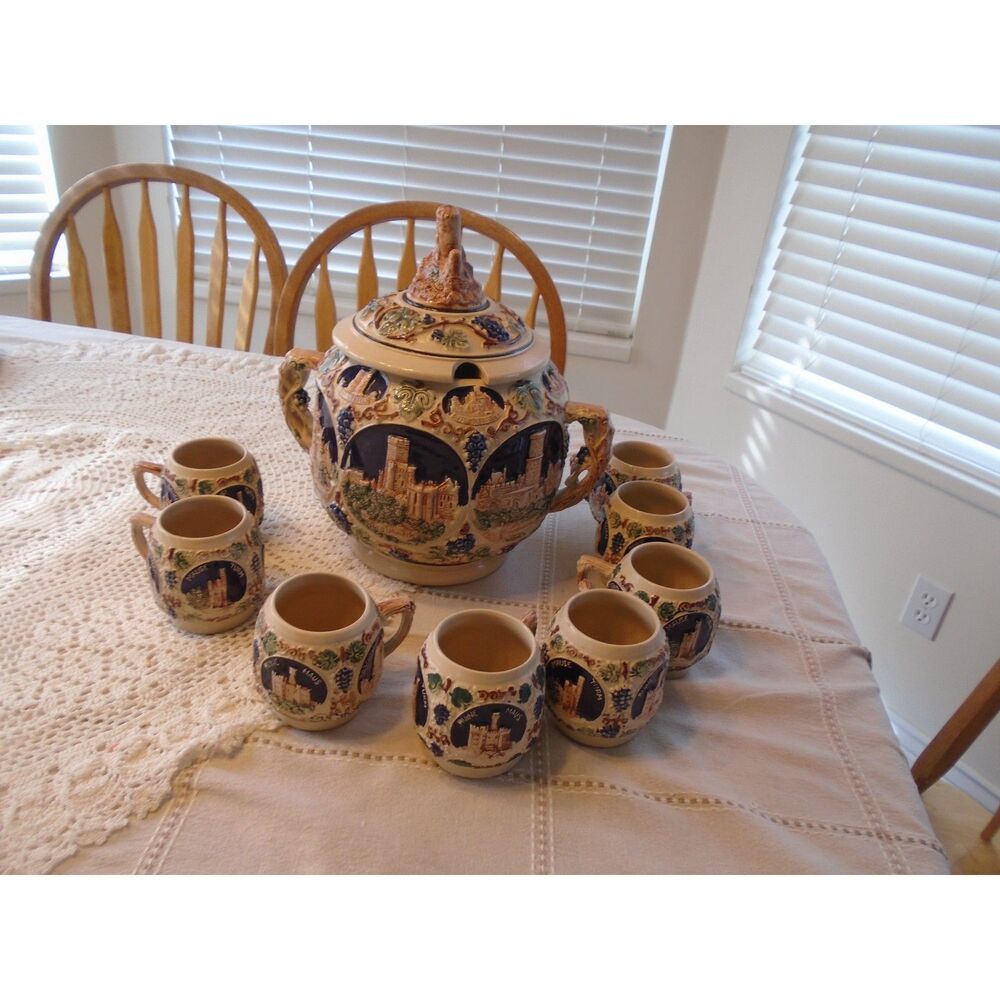 German Gerz Stoneware Tureen Punch Bowl Set 6 Mugs Castles Lot w/ Lid Vintage